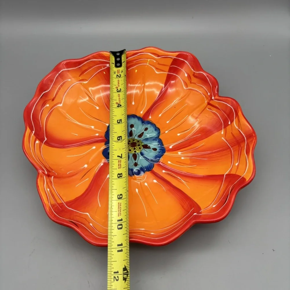 Laurie Gates Hand Painted Orange Flower Serving Plate Bowl Dish Dishwasher Safe